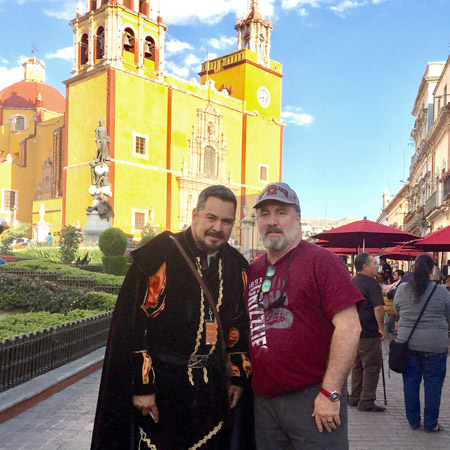 Griffyth Richard, ‘82 who married his wife in Washington-Grizzly Stadium eight years ago, traveled to colonial Guanajuato, Mexico, to meet his wife’s family for the first time. He shares his Griz pride at the city’s Festival Internacional Cervantino, in honor of Miguel Cervantes.